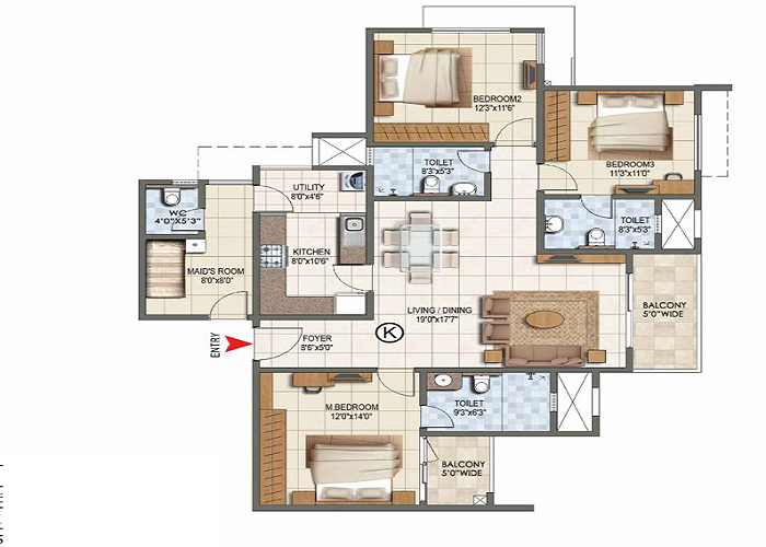 4 BHK floor plan of Prestige Southern Star with large 4 bedrooms, a living area, kitchen, and modern amenities on Begur Road, Bangalore.