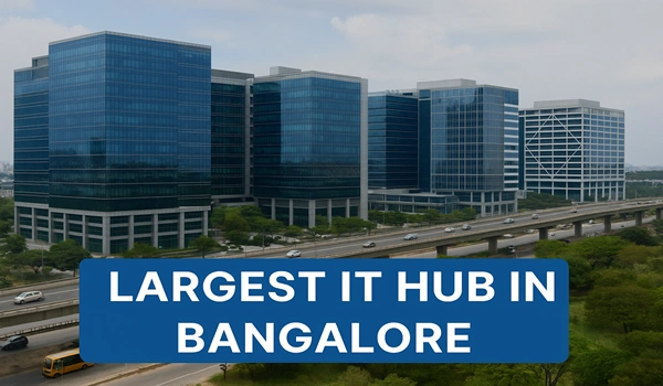 Aerial view of the largest IT hub in Bangalore with modern office buildings and tech parks