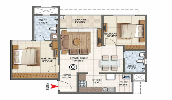 Prestige Southern Star 2 BHK Floor Plan Prestige Southern Star 2 BHK Floor Plan