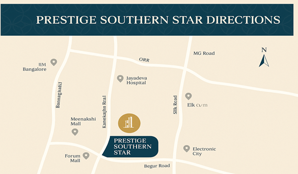 Prestige Southern Star Directions Map showing directions to Prestige Southern Star on Begur Road, Bangalore with nearby landmarks